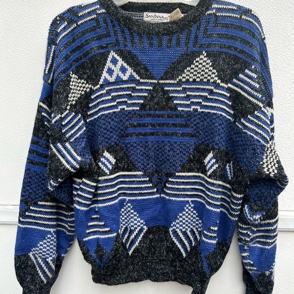 Vintage sweater 80s sz M blue & black geo print Santana dad sweater Grandpa core - Picture 2 of 9
